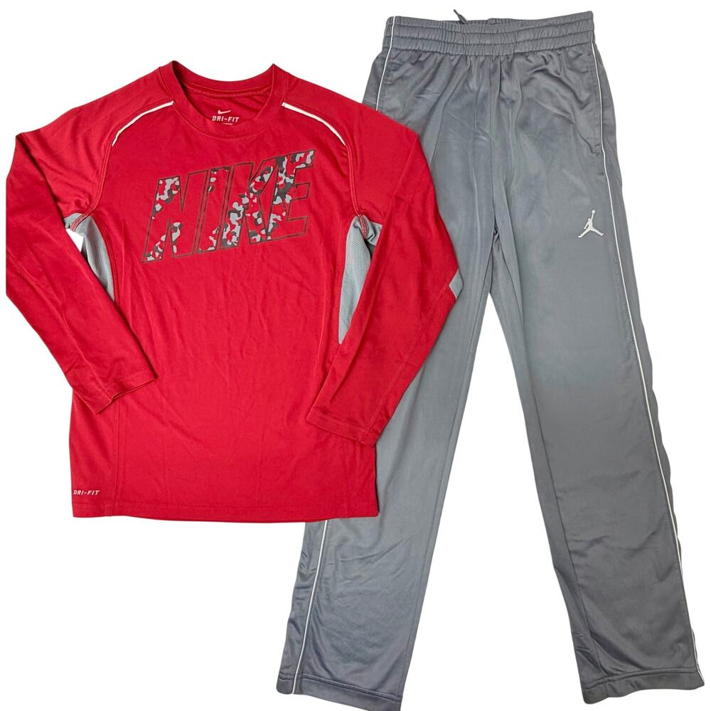 Nike Dri-FIT Shirt Jordan Track Pants Boys Medium 10-12 Gray Red Outfit Set
